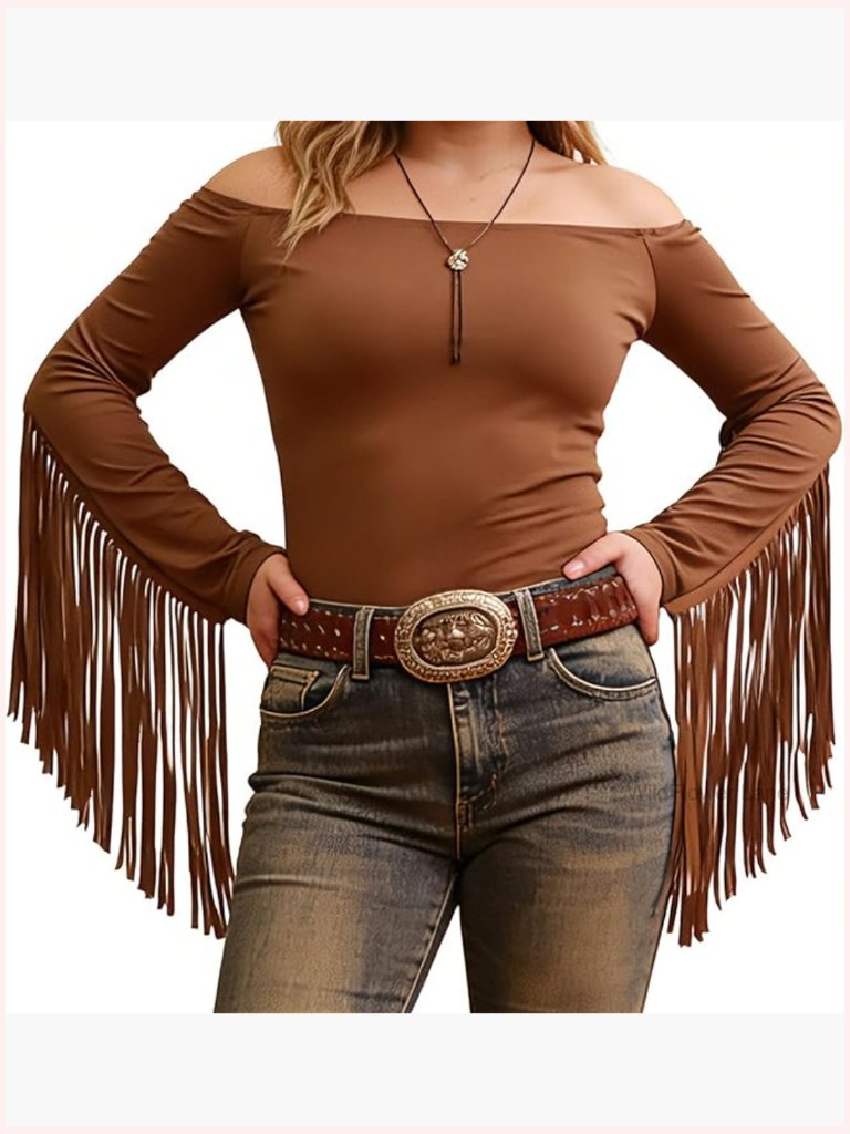 Off Shoulder Fringe Tops, Long Sleeve Western Cowgirl Blouse For Country